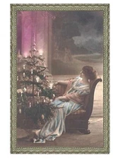 Victorian Trading Co December Reverie Woman Sitting at Christmas Tree Print PC3