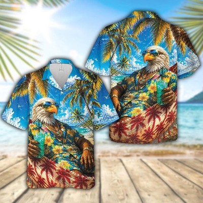 Eagle Tropical Hawaiian Shirt, Beach Aloha Button Up, Summer Vacation Party Shir