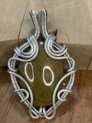 Hand Crafted White Copper wire-wrapped Jasper pendant necklace One Of A Kind