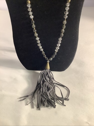 Leather Strap Necklace W/ Black And Crystal Glass Beads With Gray Tassel Pendant - Picture 2 of 6