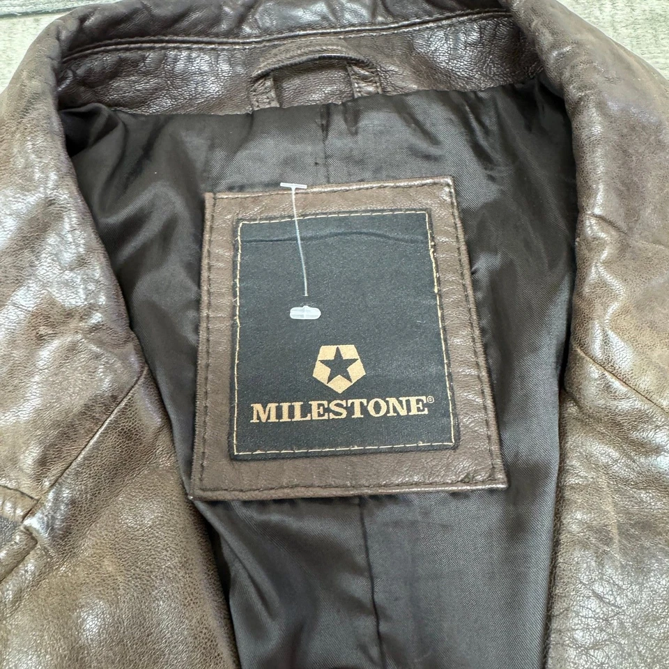 Chaqueta Milestone Cuero Vintage Marrón Abotonada Pesada Para Hombre Grande Foto 3 de 4