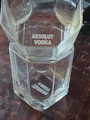 2 Absolute Vodka Etched Low Ball 3-1/4  Tall Octagon Rocks Glasses Thick Heavy