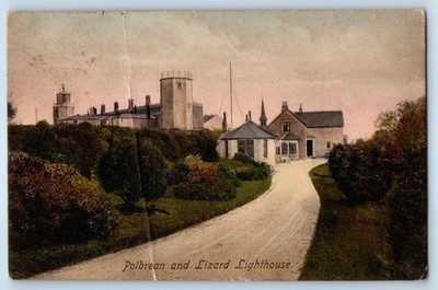 Lizard Point Cornwall England Postcard Polbrean and Lizard Lighthouse 1914