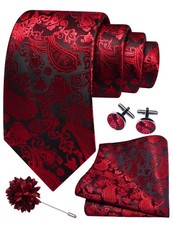 Red Tie for Wedding Mens Silk Paisley Necktie Pocket Square Cufflinks and Lap...
