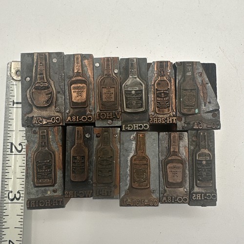 12 1.5” Hiram Walker Bottles Lot Scotch Gin Rum Brandy Letterpress Print Block - Picture 2 of 9