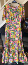 Oasis Bright Floral Tie-Sleeve Long Maxi Tea Dress Sz 10 Pink Yellow Midi