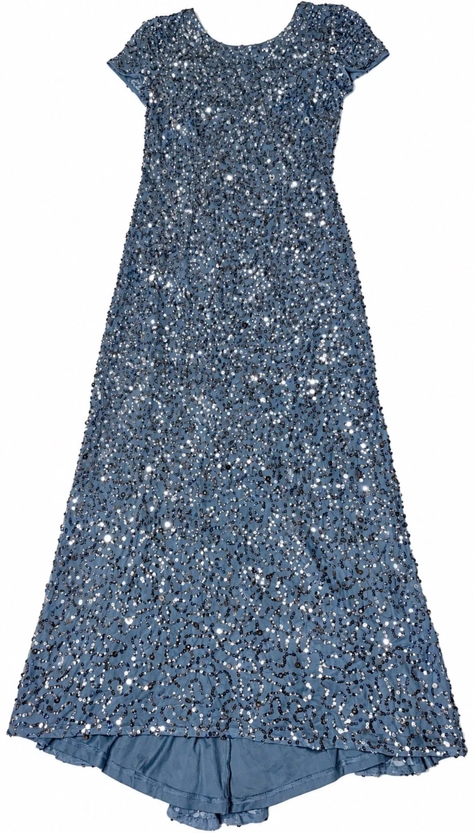 Maxi Vestido de Noche Formal Adrianna Papell Azul Lentejuelas Cuentas Manga Gorra Talla 8