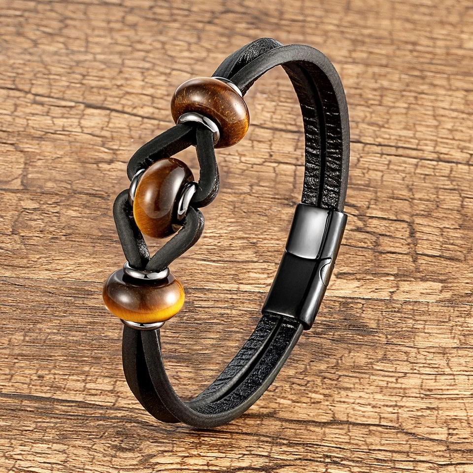 Pulsera de piedra de cristal amatista para mujer y hombre cuerda de cuero negro joyería magnética Foto 3 de 4