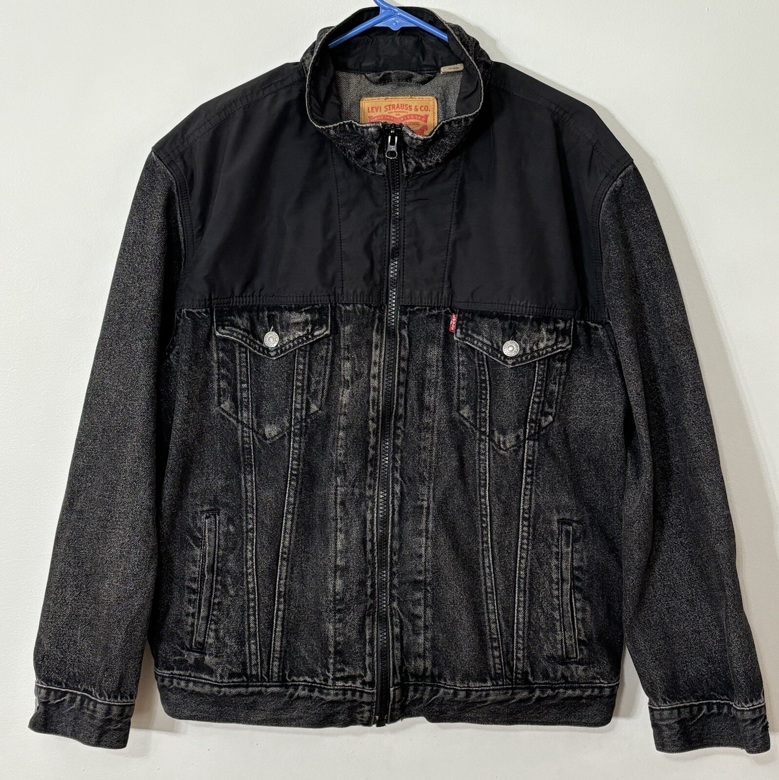 Levis Men Mockneck Trucker Biker Denim Jean Jacket Sz XL Hybrid Retro 90s Black