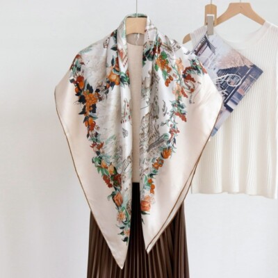 Castle Print 100% Mulberry Silk Wrap Shawl Bandanna Stole Square Scarf 43'' Beige