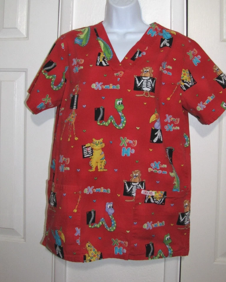 VTG Scrub Red Top Cherokee  Short Sleeve X-Ray Animal-Cartoon-Print Cotton WmS/M - Image 2 of 4