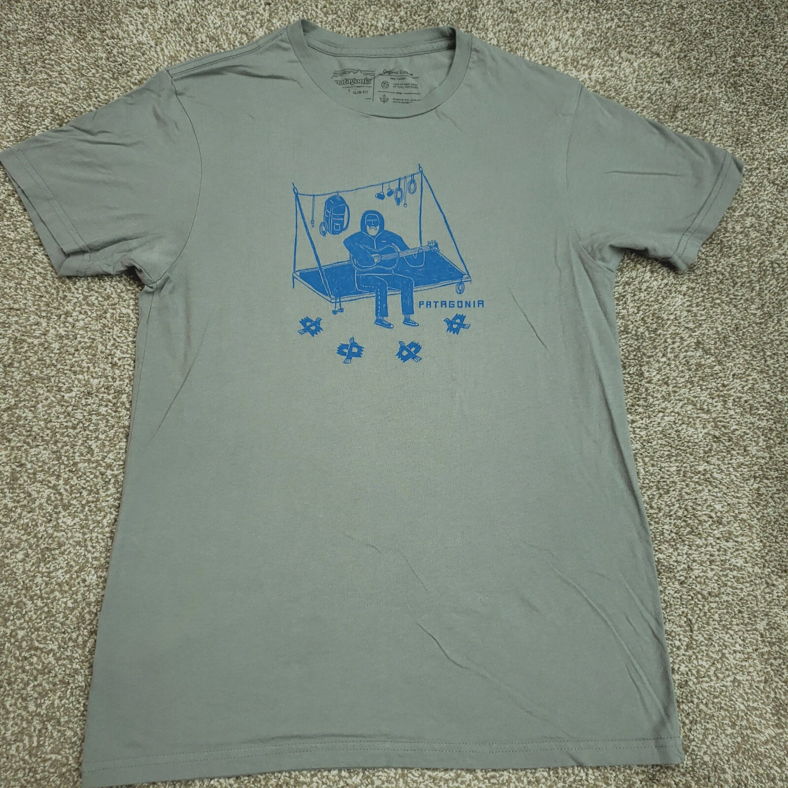 Patagonia Shirt Men Small Gray Slim Fit Guitar Camping Hiking Birds Outdoor Tee