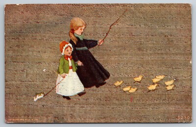 1911 Two Girls Walking With Chicks H. W. Lee Vintage Postcard - B4