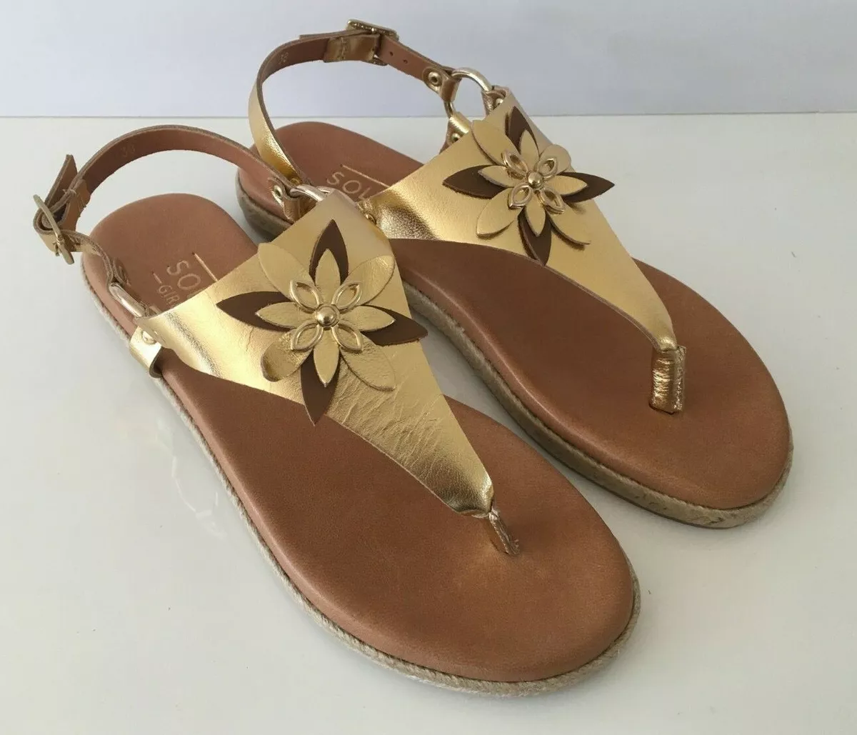 UK5 Eur38 Gold Leather SOLE SYBIL SANDALS. RRP 40 from Sole