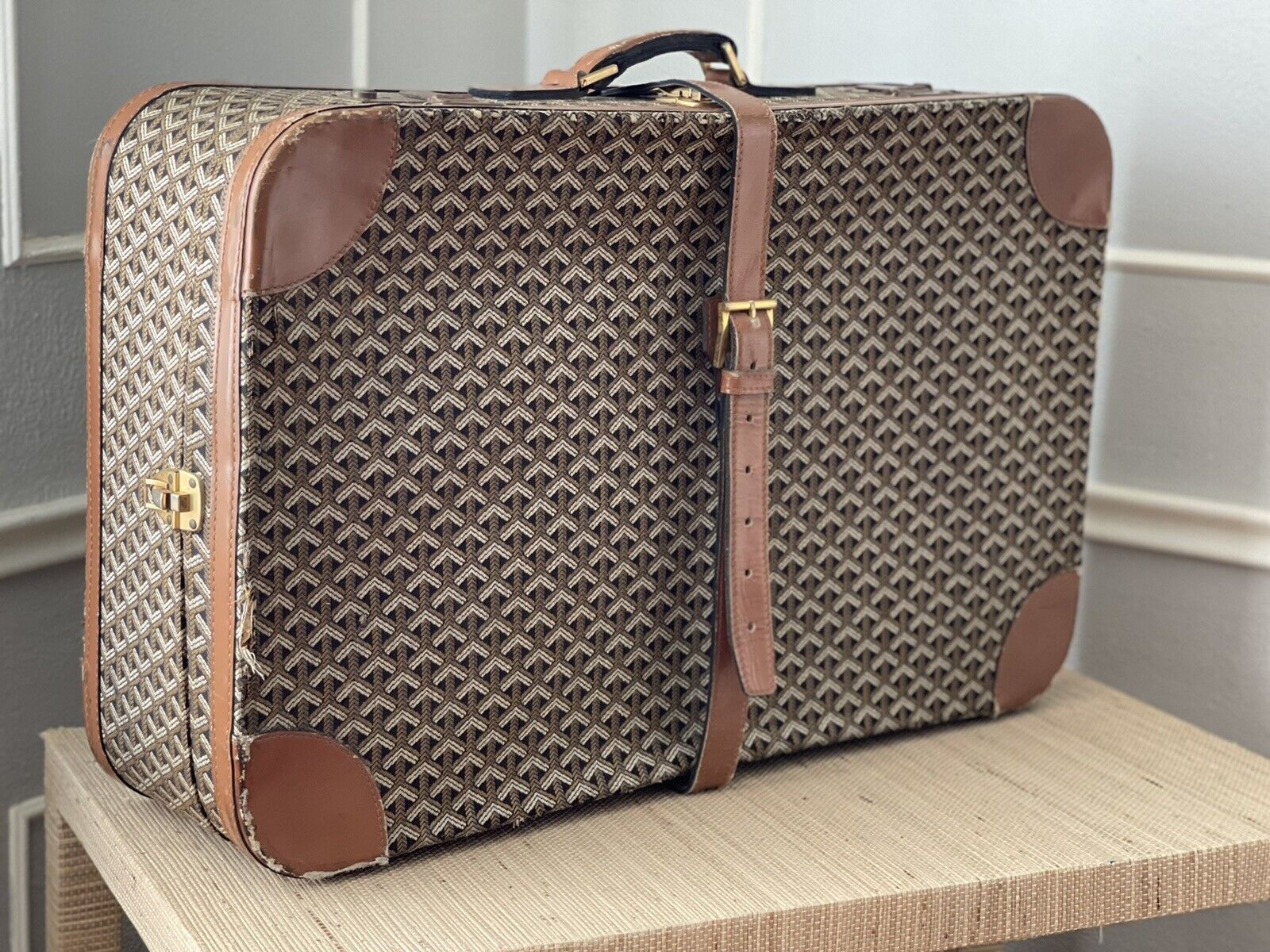 Goyard Suitcase Trunk With Leather Buckle Straps Rare Design