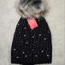 Black Beanie with Faux Fur Pom and Pearls
