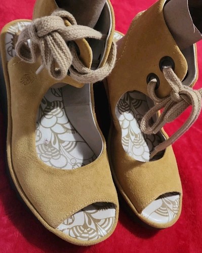 FLY LONDON | Yaffa 2.5"Wedges Yellow Suede Lace-up EU 37/ US7 Sandals Pre-owned