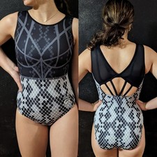 GK Suni Lee Gymnastics Leotard Black Gray Pixel Rhinestones Open Back Size CM