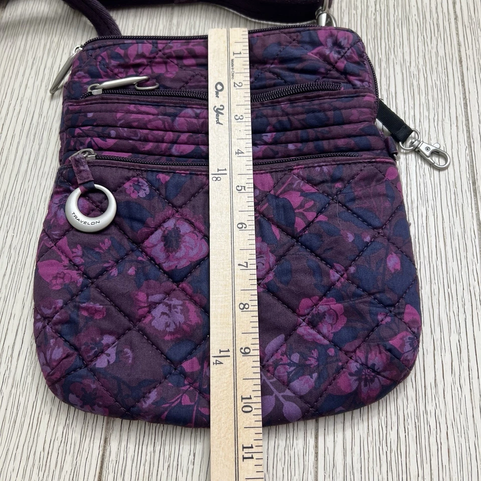 Travelon 斜挎包钱包黑色棕色 W 紫色 Lavendar 花卉设计绗缝 — 第 3/4 张图片