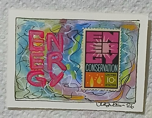 Postal Whimsy OOAK ACEO Energy Conservation 10¢ Stamp Watercolor Scribble