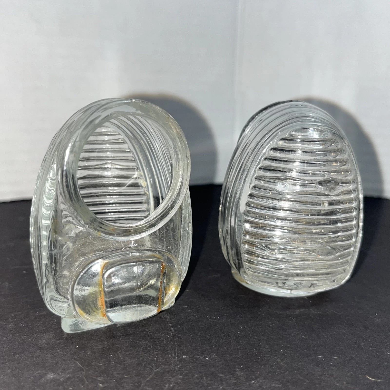 Pair of Vintage Clear Glass Art Deco Bird Cage Feeder Waterer USA Pet Dish Water