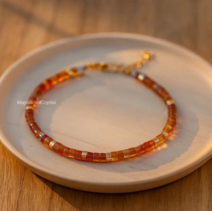 Minimalist Carnelian Bracelet Tube Beaded Red Agate Boho Jewelry Birthday Gifts - Image 2 of 4