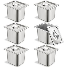 6 Set Stainless Steel Hotel Pans 1/6 Size 6 Inch Deep With Lids, Anti-Jam Cha...