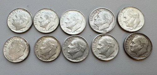Lot of 10 - U.S. 90% Silver Roosevelt Dimes 1960- 1964 P D XF $1 Face #44