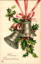 Pre-Linen christmas PINK RIBBON HOLDS UP SILVER BELLS AND HOLLY d/13 BJ7294