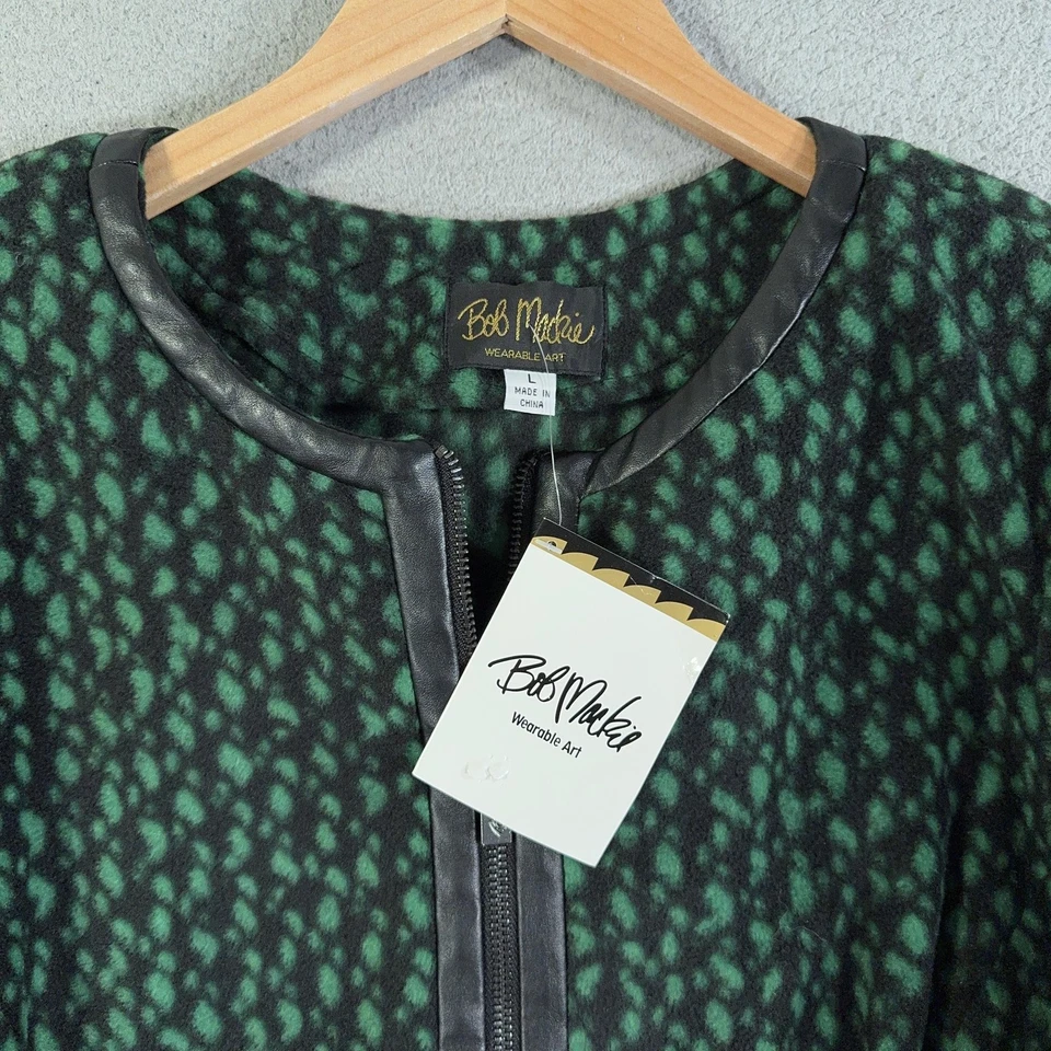 Bob Mackie Jacket Womens Large Green Black Zip Front Faux Leather Trim Print - Image 3 of 4