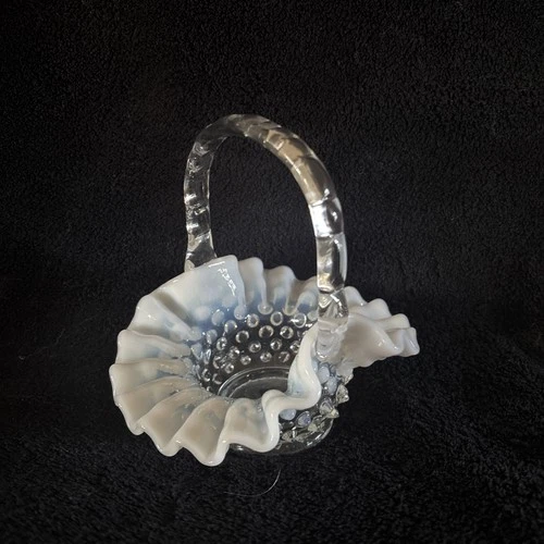 Fenton Hobnail Opalescent Glass Basket with Twisted Clear Handle. 5.5”