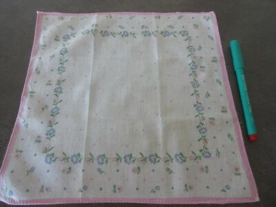 Mouchoir de femme vintage fleurs rose et bleu toile légère 26,5 X 26,5 cm - Photo 1/3