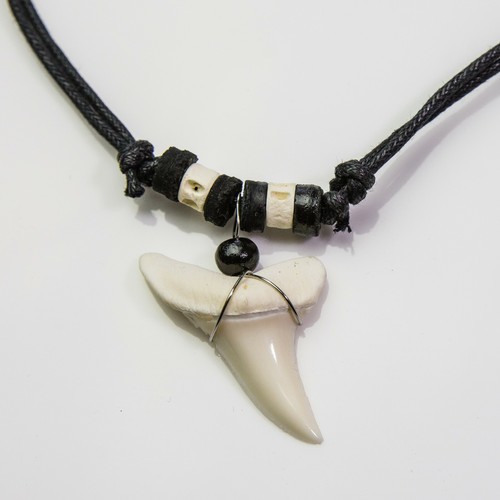 Real big shark tooth necklace dark brown natural wood bead men boy
