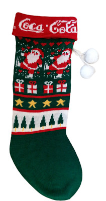 COCA-COLA Vintage Strick Weihnachtsstrumpf Weihnachtsbaum Fair Isle Pom Poms grün