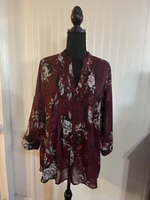 American Rag Cie Blouse Burgundy Floral Print Sheer Tie Back Roll Tab Sleeve MED
