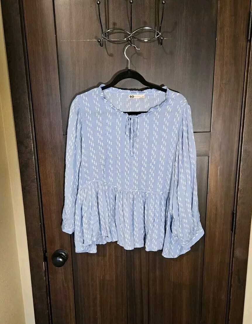 NEW Women's Light Blue Boho Long Sleeve Tunic Top Lightweight Blouse Size XL