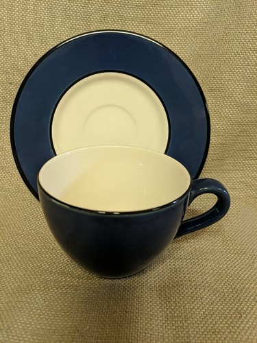 Three PV (Peasant Village) "Made in Italy" Tea Cups & Saucers ~Dark Blue - Picture 2 of 3