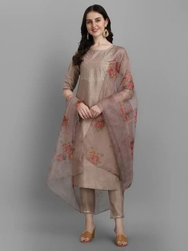Alle Farben Seidenmischung bestickt gerade Kurta Hose Set mit Organza Dupatta - Bild 2 von 24