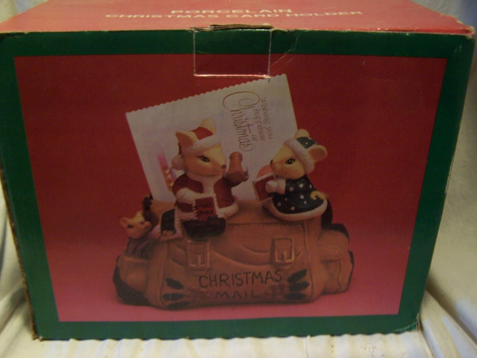 Vintage Ceramic Mouse Figurine Christmas Card Holder with Mail Bag 7x8-image