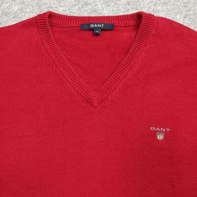 GANT Herren Pullover XL Rot Baumwolle Strick V-Ausschnitt Leicht
