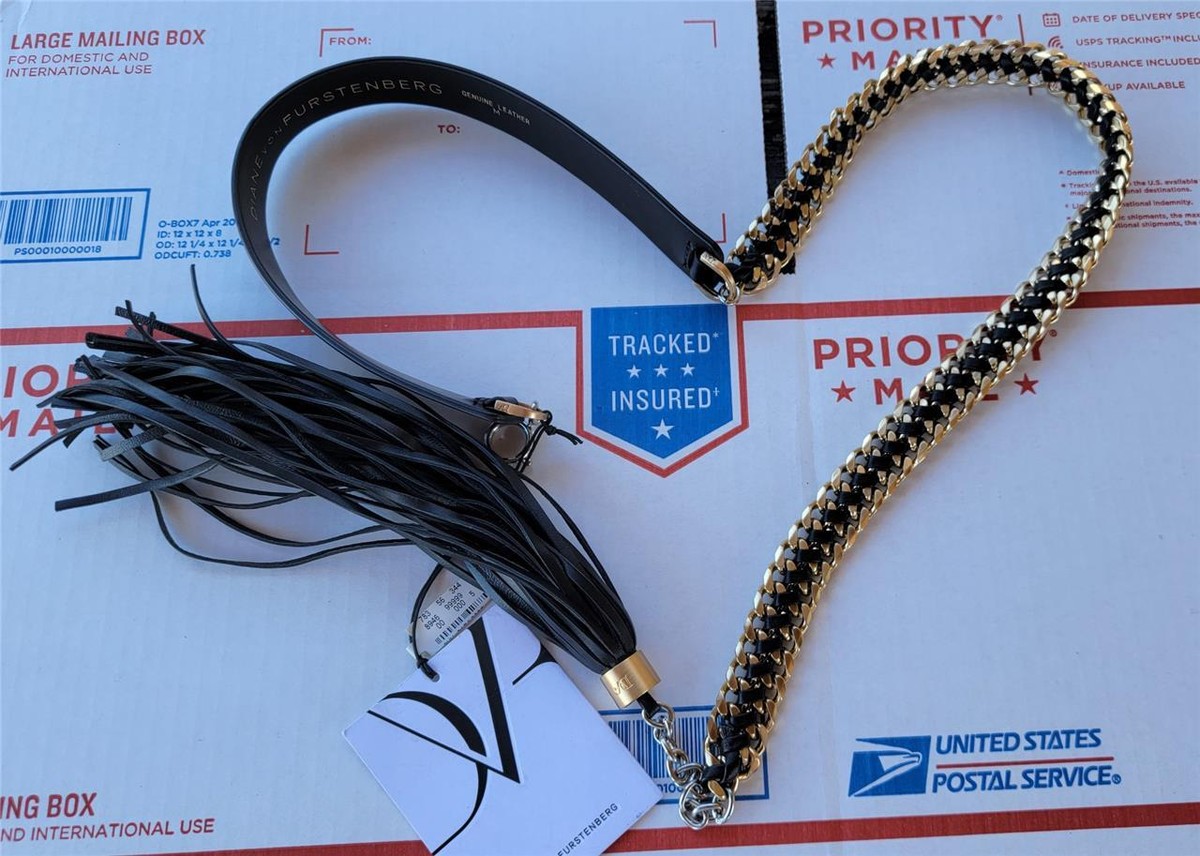 New Diane von Furstenberg Black Leather and Metal Chain Belt  display picture 3