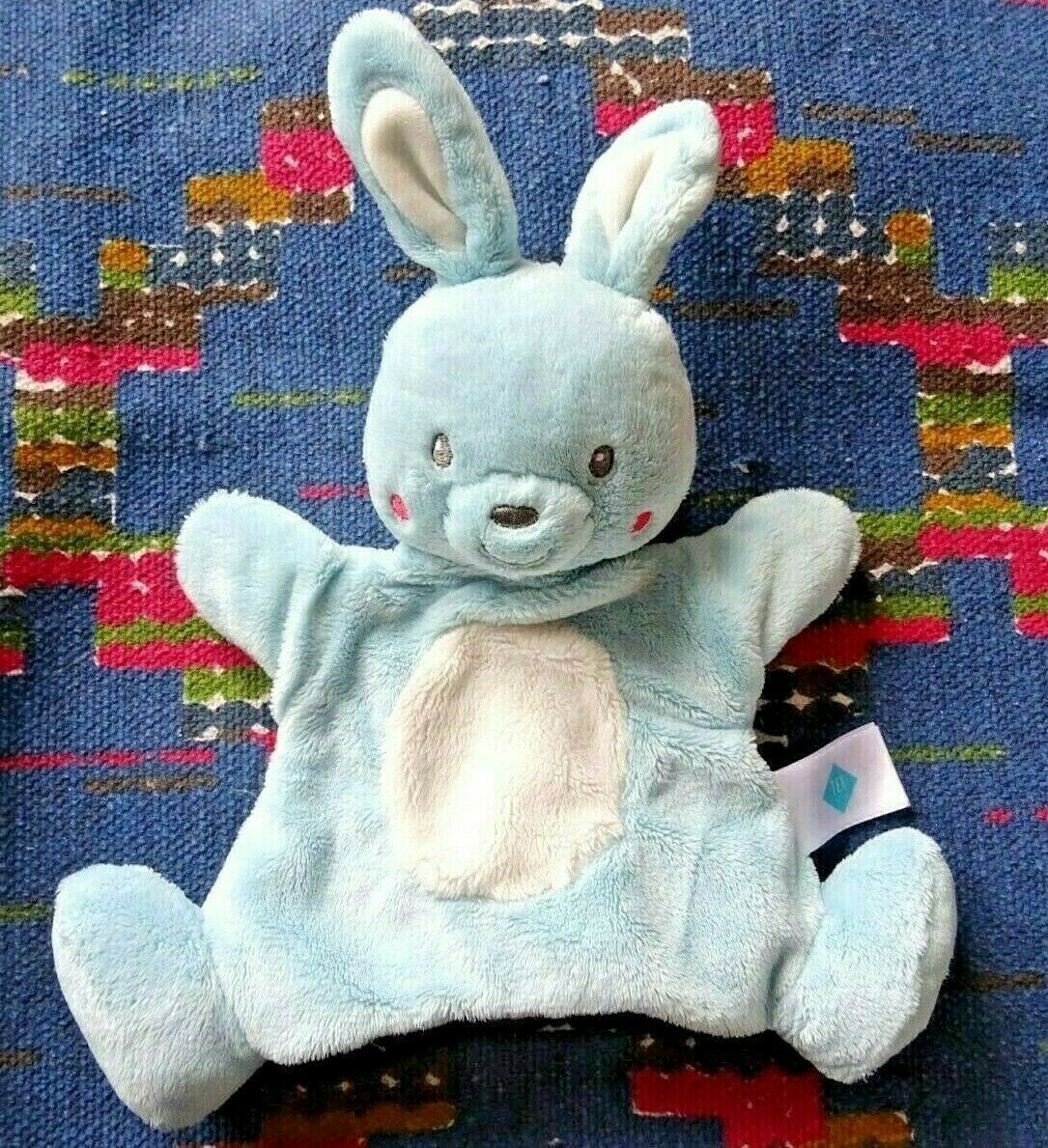 Doudou marionnette Tex lapin bleu blanc rose peluche naissance premier doudou plat plat neuf