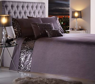 DAZZLE ANTHRAZIT BETTDECKE BETTBEZUG SET SCHIEFERGRAU LUXUS PAILLETTEN GLITZER BAND