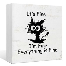 Funny Office Desk Decor - Black Cat 'It's Fine' Wood Box Sign, Home Office Wa...