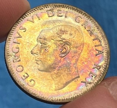 1950 Canada 25 Cents - Fire, Gold, & Rainbow Toning - Caribou Silver Quarter