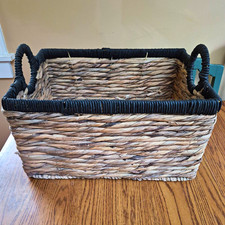 Rectangular Wicker Woven Storage Basket with Handles Brown/Black 17x11x8 in