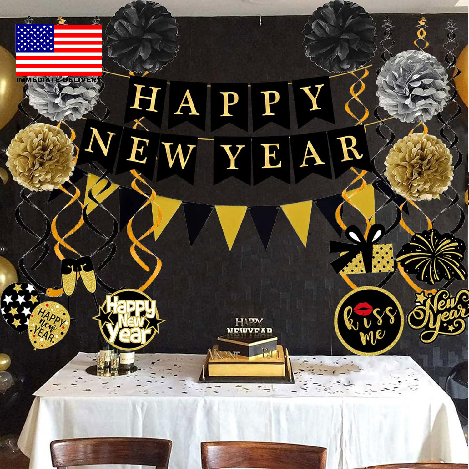 Happy New Year Banner Pom Poms Triangle Flag Swirls Garland Hanging Bunting for 