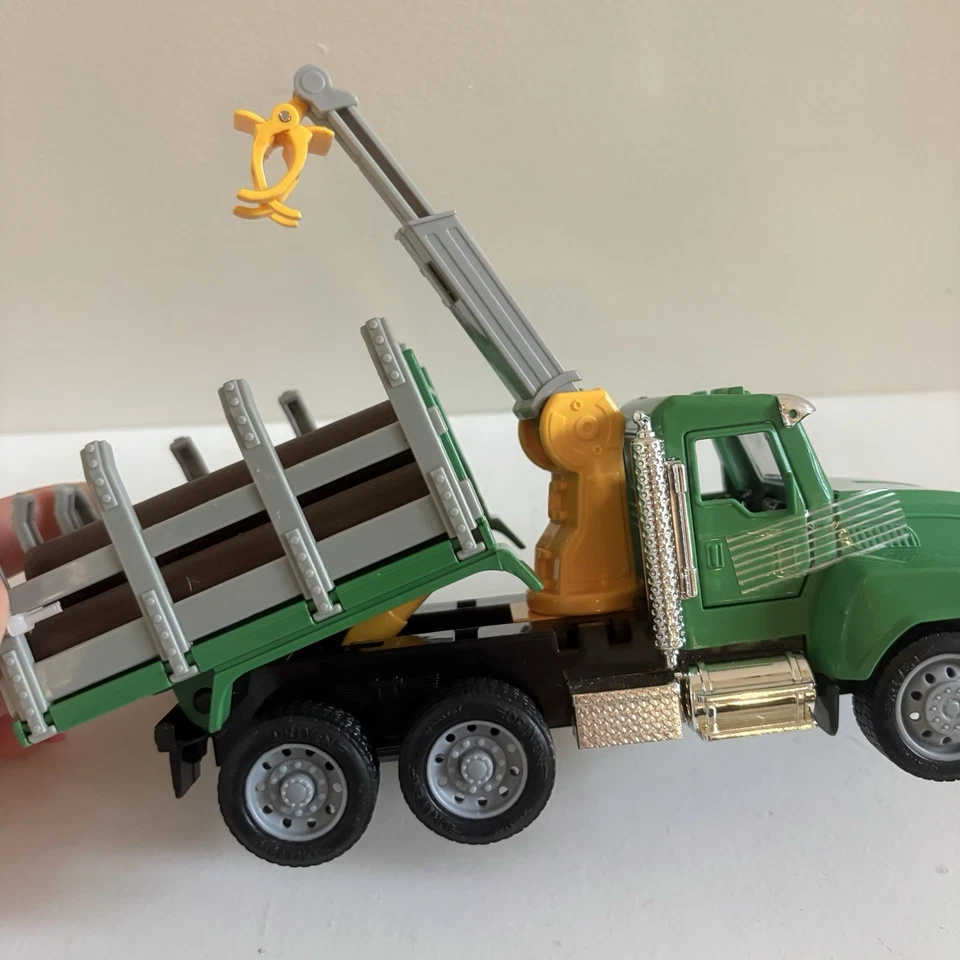 Green Toy Logging Truck with Crane and Logs – Diecast/Plastic Model – Used - Image 3 of 4