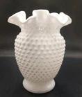 Vtg MCM Fenton Hobnail Milk Glass Ruffled Vase, Doubled Crimped. Pre-owned.