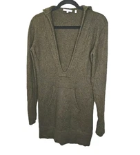Vince 100% Cashmere Cozy Hoodie Woman Large Green Pullover V-neck Tunic Sweater 